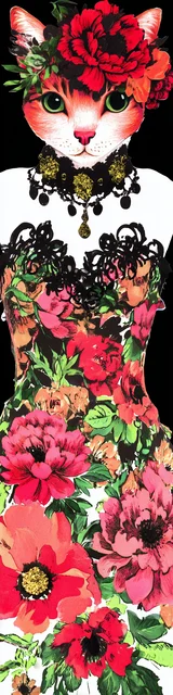 Cat bookmarks illustration of a cat in a red floral dress